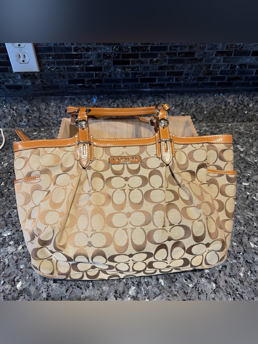 COACH Signature Monogram Shoulder Bag Tan Brown Canvas Leather